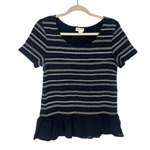 Anthropologie Black Smocked Top Large Meadow Rue Peplum Short Sleeve Ruched L - Picture 2 of 13